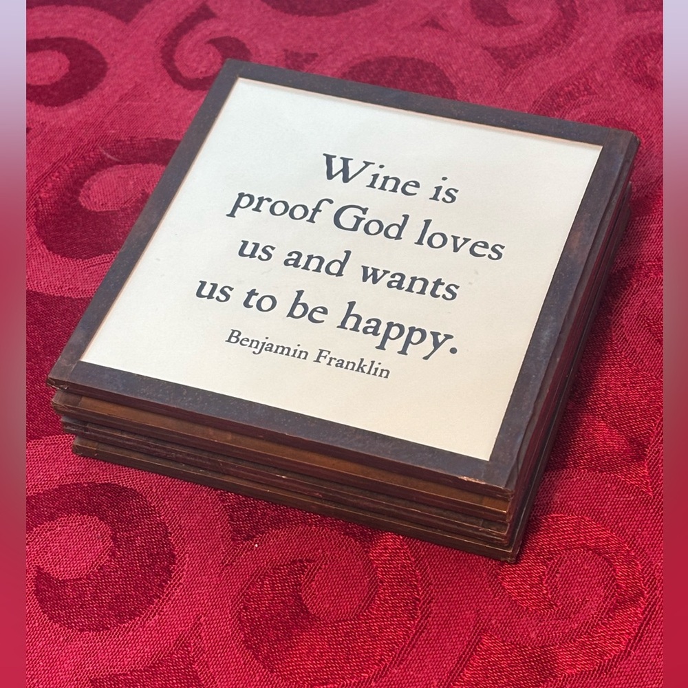 4 Handcrafted Antique Copper and Glass Coasters W/ Ben Franklin Quote! NWT